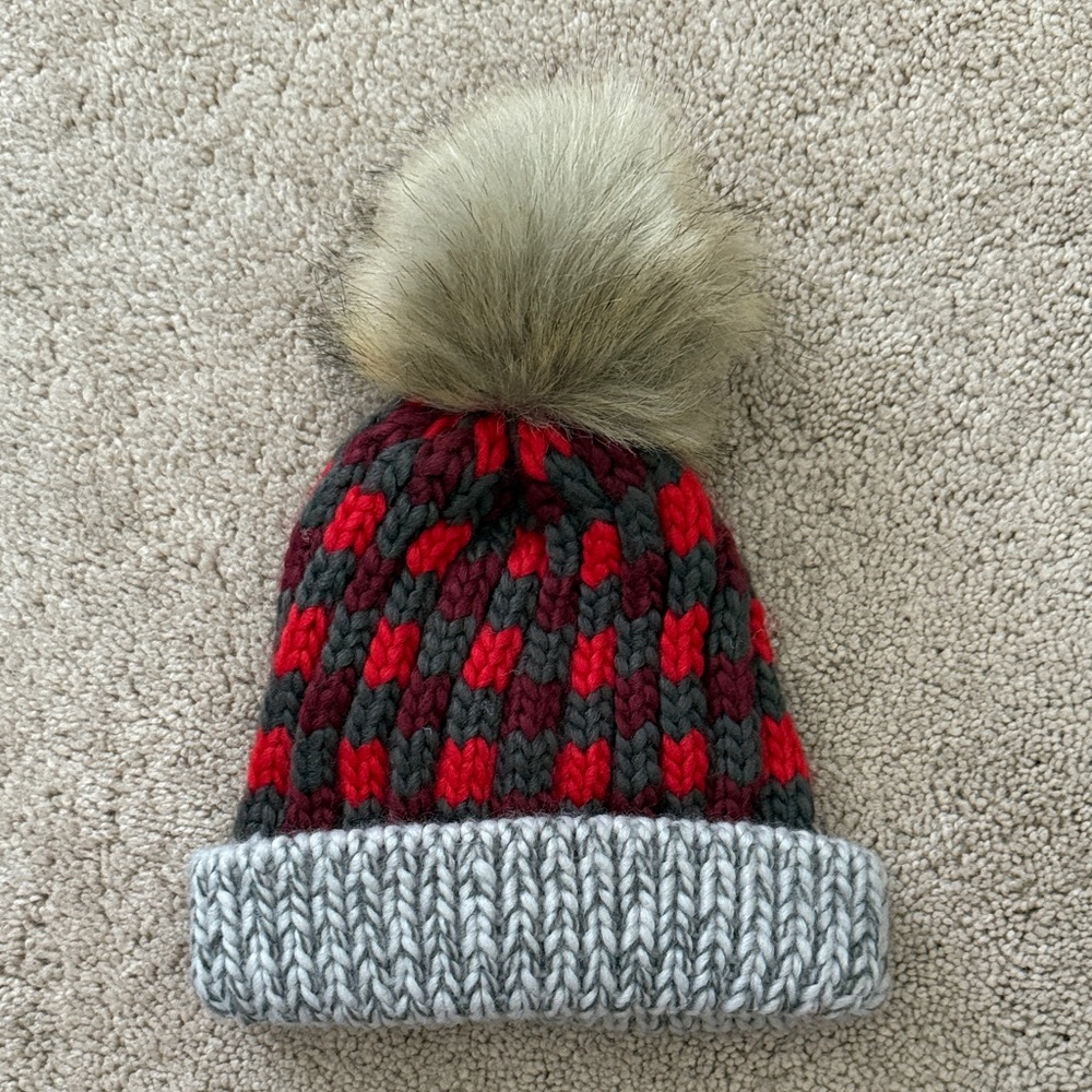 Cozy Red and Gray Knit Pom-Pom Beanie for Kids